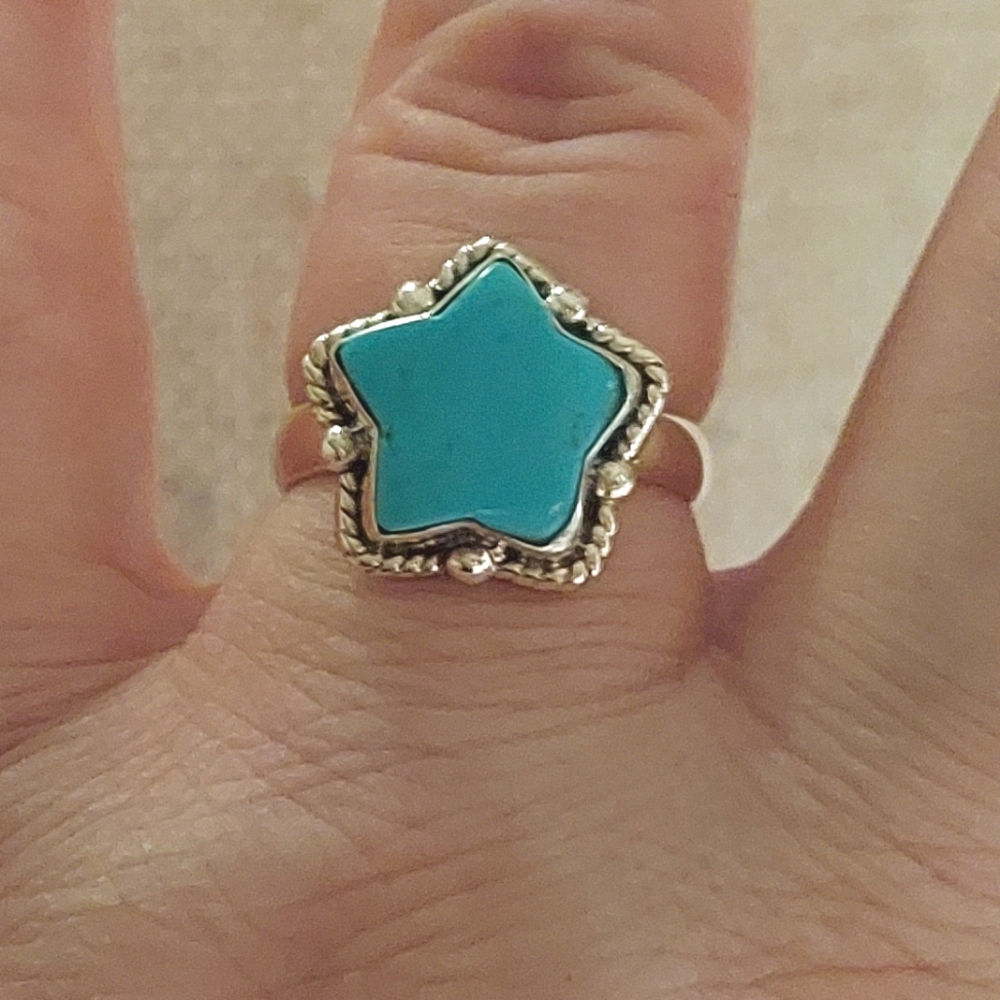 New Sterling Silver & Turquiose Star Adjustable Ring Sizes 6-9